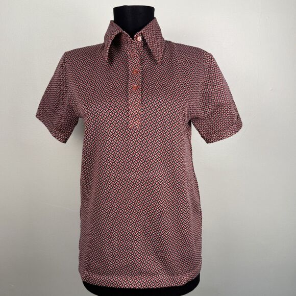 Vintage 70s Geometric Disco Shirt w/ Pointed Collar | Retro Textured Polo - Picture 5 of 11